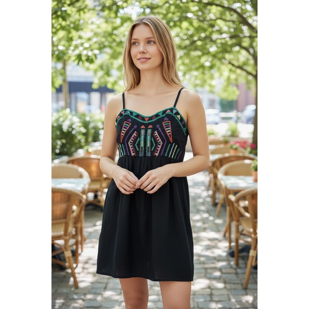 Staring at Stars Black Embroidered Linen Blend Boho Mini Dress Women's Size 10